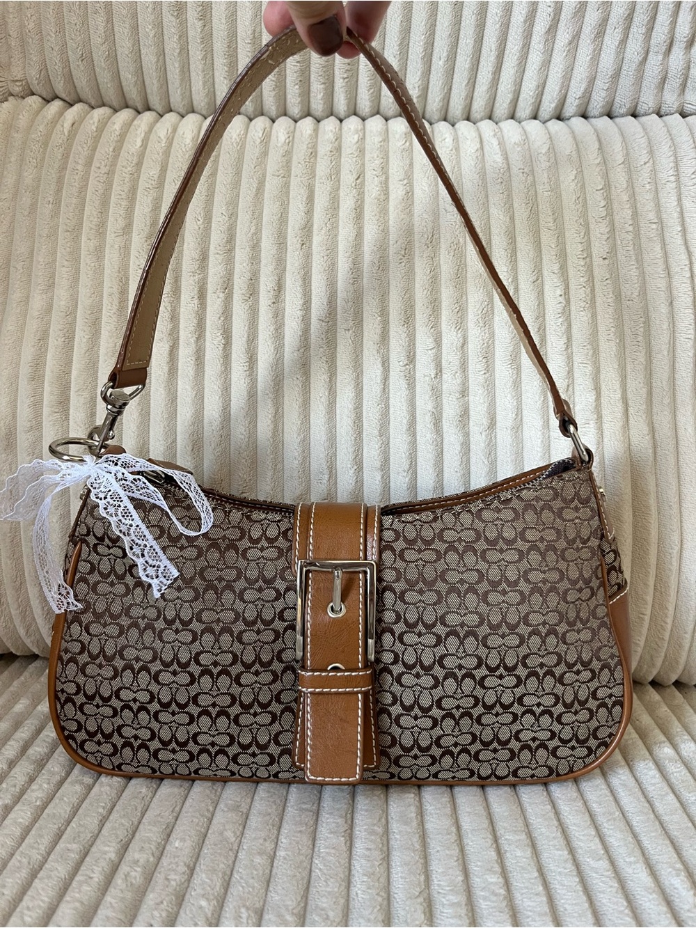 Coach Brown Signature Monogram Shoulder Bag with Tan Trim